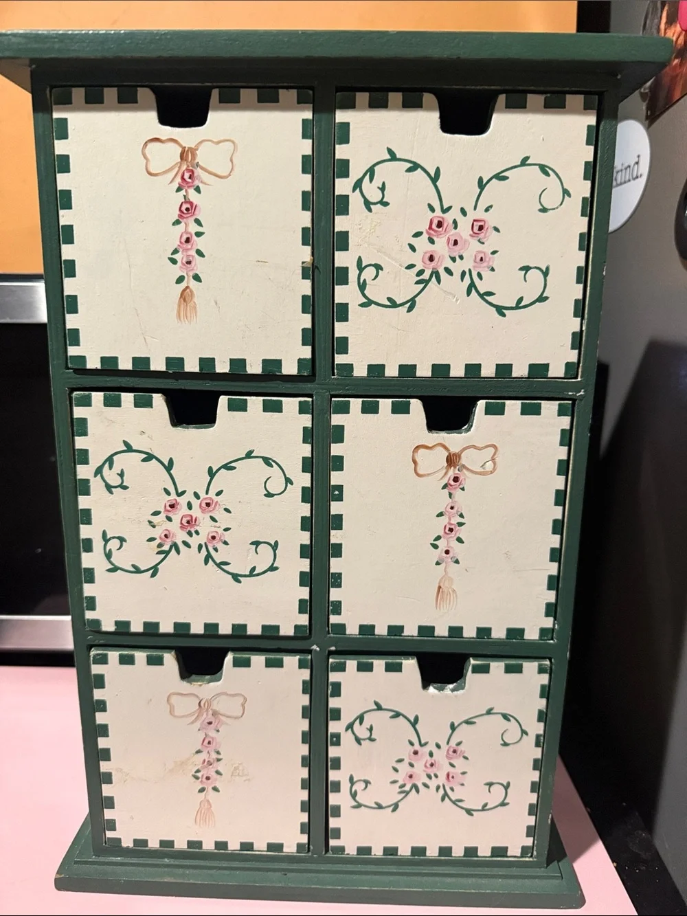 Hand-Painted Green and Cream Floral Six-Drawer Organizer - 15”x9” - drawers 4”x